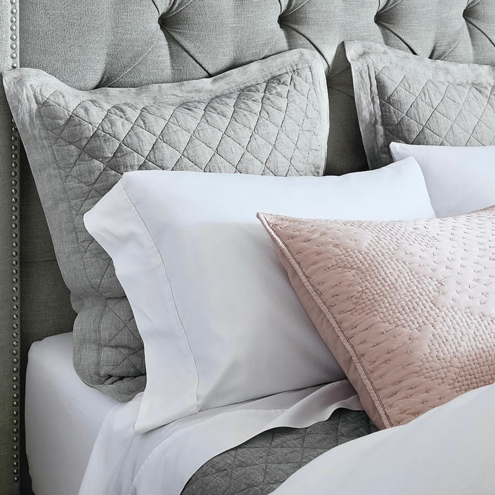 Set 2 Pottery Barn Gray BELGIAN FLAX Linen Hand Stitched EURO Shams Grey Diamond